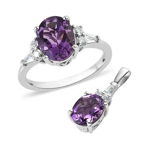 Amethyst, White Zircon Ring and Pendant in 925 Sterling Silver